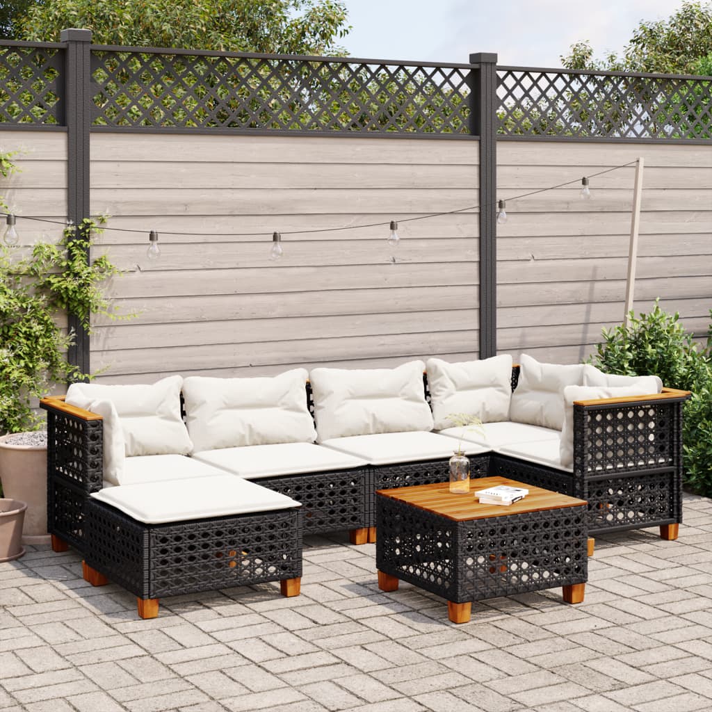 vidaXL 7-tlg. Garten-Sofagarnitur mit Kissen Schwarz Poly Rattan