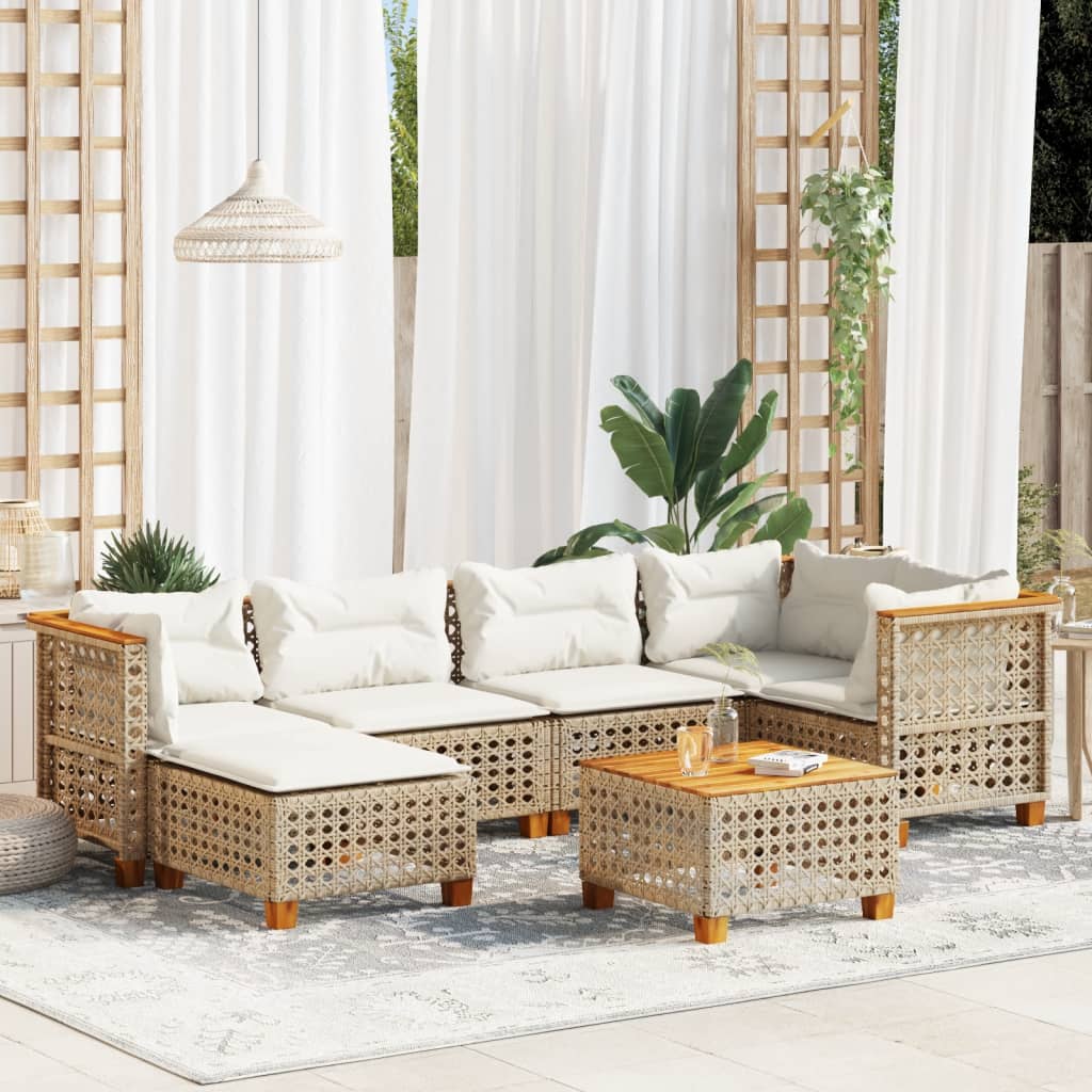 vidaXL 7-tlg. Garten-Sofagarnitur mit Kissen Beige Poly Rattan