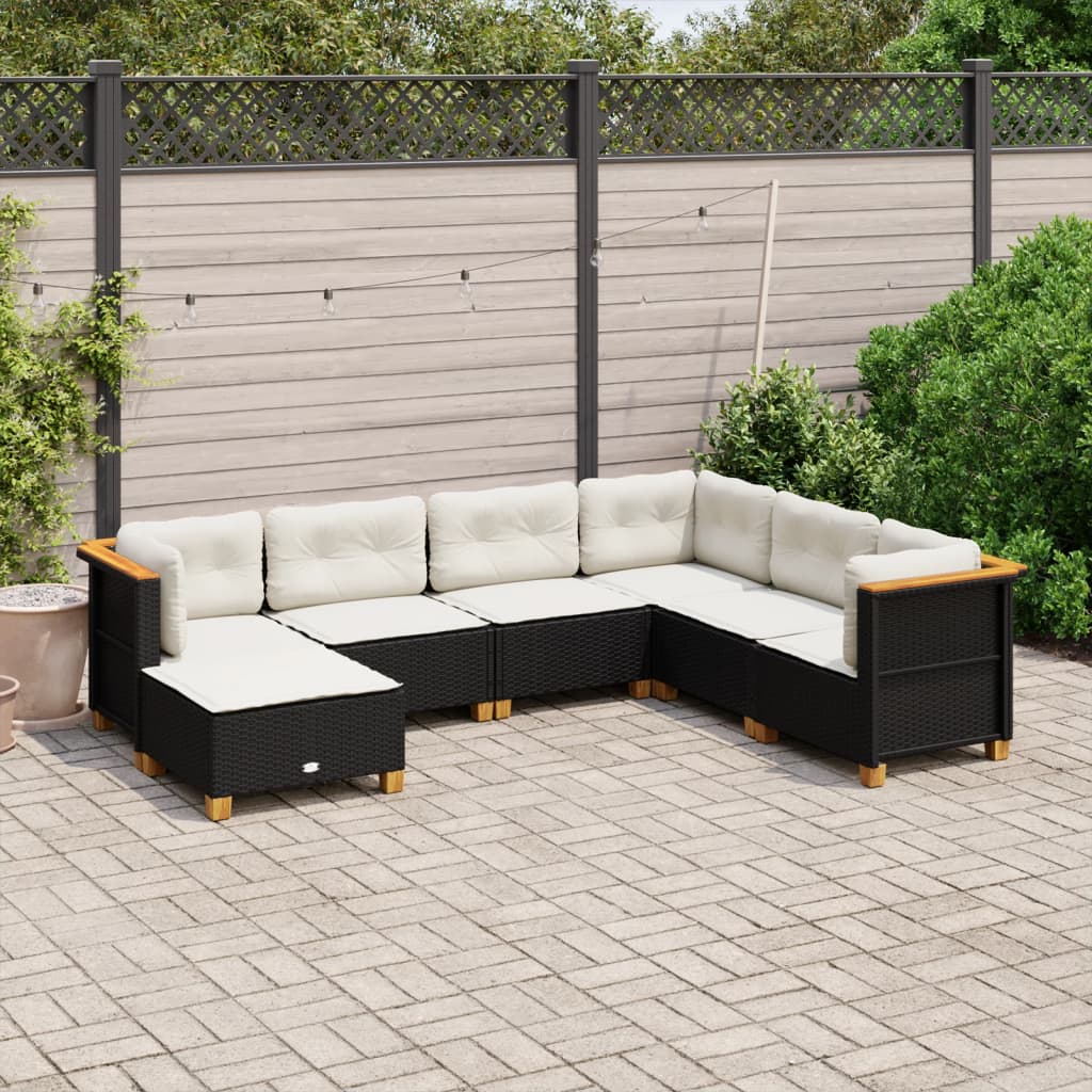 vidaXL 7-tlg. Garten-Sofagarnitur mit Kissen Schwarz Poly Rattan