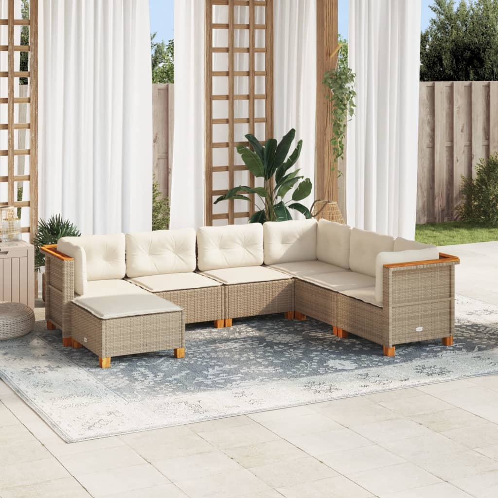 vidaXL 7-tlg. Garten-Sofagarnitur mit Kissen Beige Poly Rattan