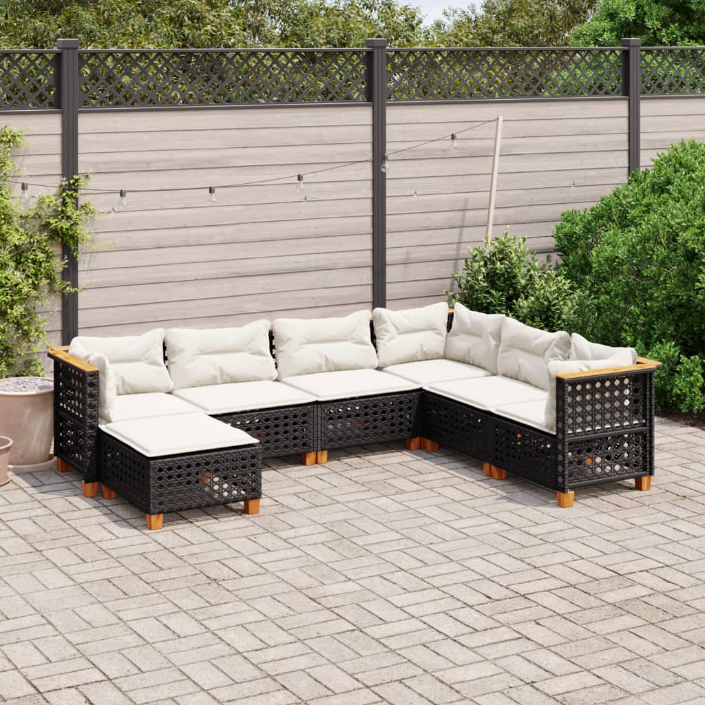 vidaXL 7-tlg. Garten-Sofagarnitur mit Kissen Schwarz Poly Rattan