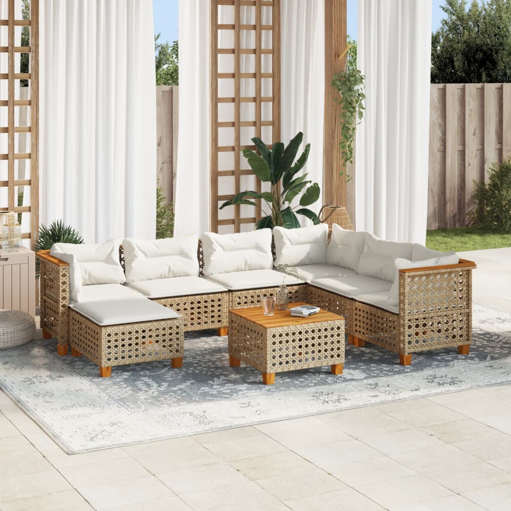 vidaXL 8-tlg. Garten-Sofagarnitur mit Kissen Beige Poly Rattan