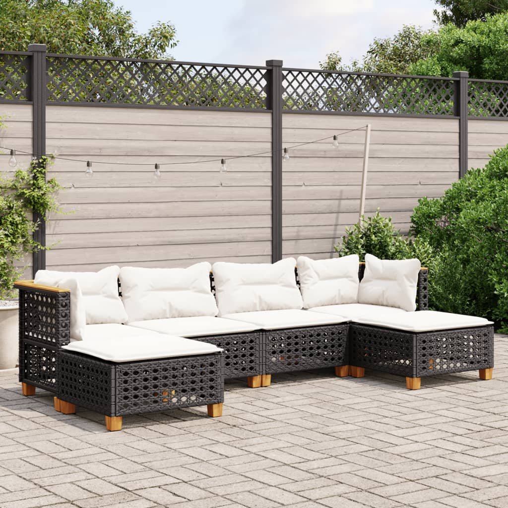 vidaXL 6-tlg. Garten-Sofagarnitur mit Kissen Schwarz Poly Rattan