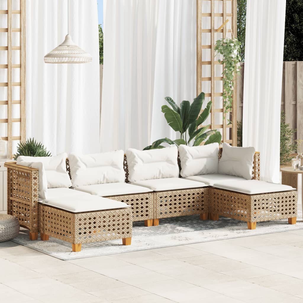 vidaXL 6-tlg. Garten-Sofagarnitur mit Kissen Beige Poly Rattan