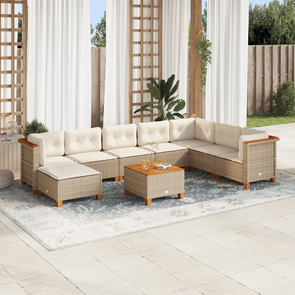 vidaXL 9-tlg. Garten-Sofagarnitur mit Kissen Beige Poly Rattan