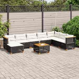 Vrtna sedežna garnitura 9-delna z blazinami črn poli ratan