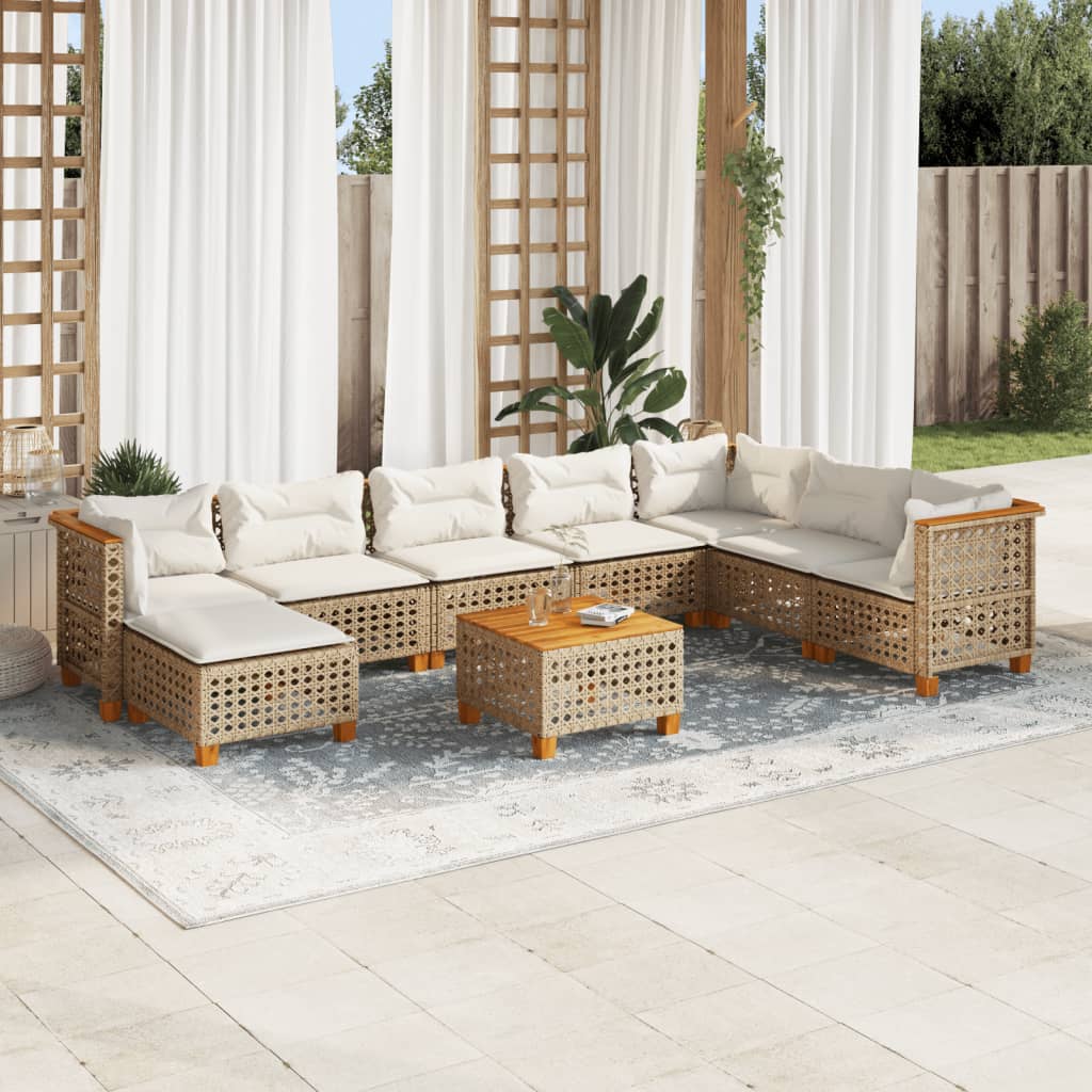 vidaXL 9-tlg. Garten-Sofagarnitur mit Kissen Beige Poly Rattan