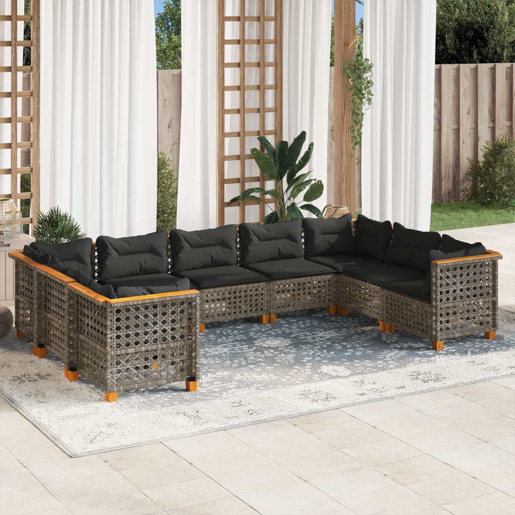 vidaXL 9-tlg. Garten-Sofagarnitur mit Kissen Grau Poly Rattan