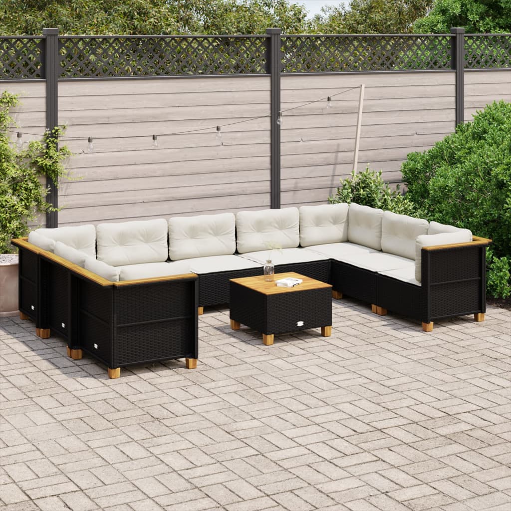 vidaXL 10-tlg. Garten-Sofagarnitur mit Kissen Schwarz Poly Rattan