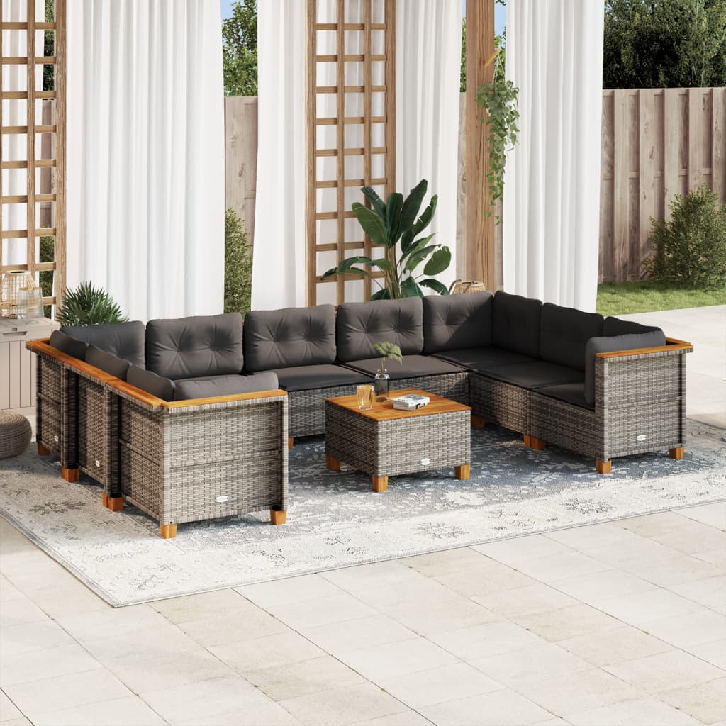 vidaXL 10-tlg. Garten-Sofagarnitur mit Kissen Grau Poly Rattan