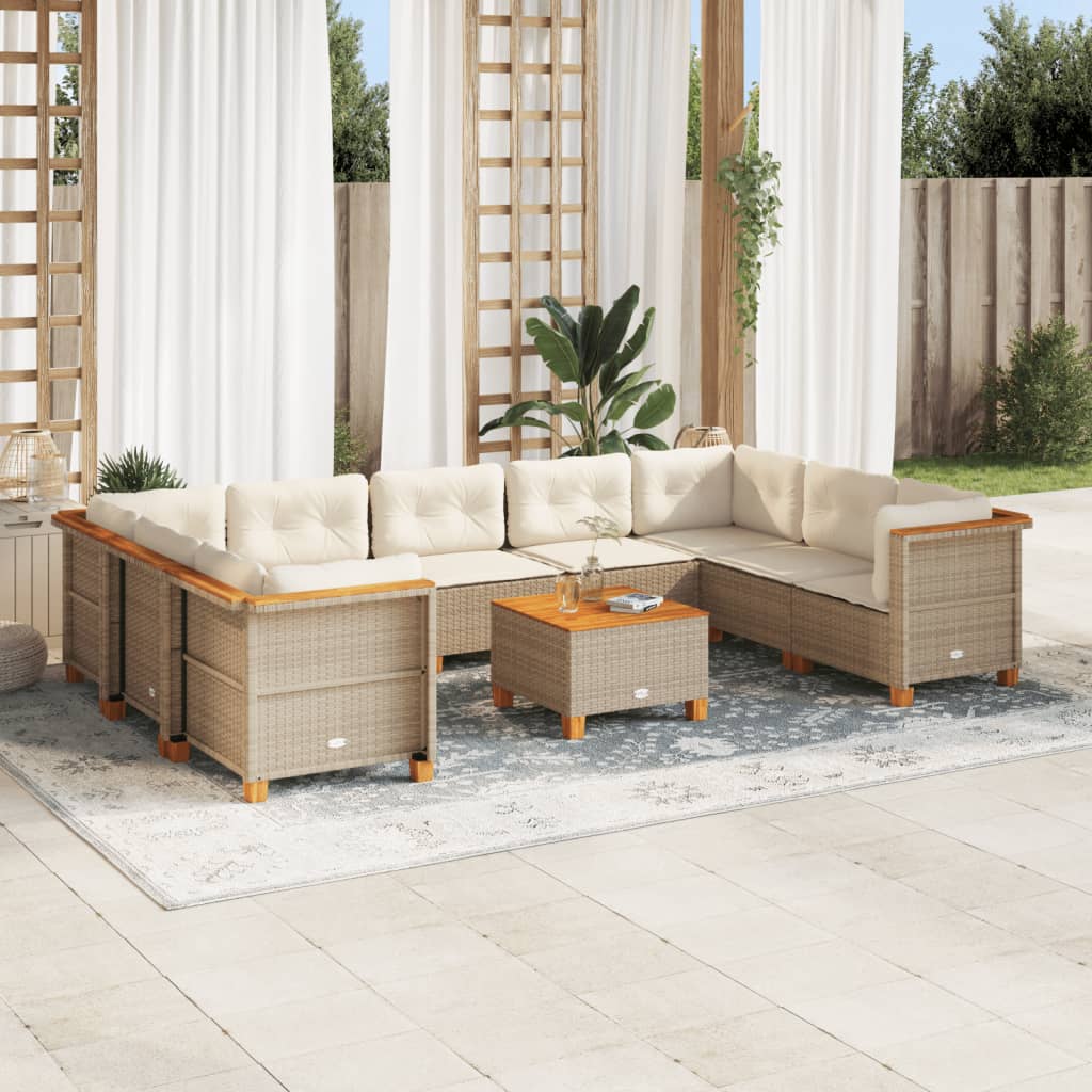 vidaXL 10-tlg. Garten-Sofagarnitur mit Kissen Beige Poly Rattan