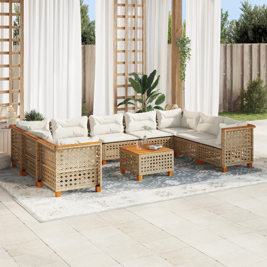 vidaXL 10-tlg. Garten-Sofagarnitur mit Kissen Beige Poly Rattan