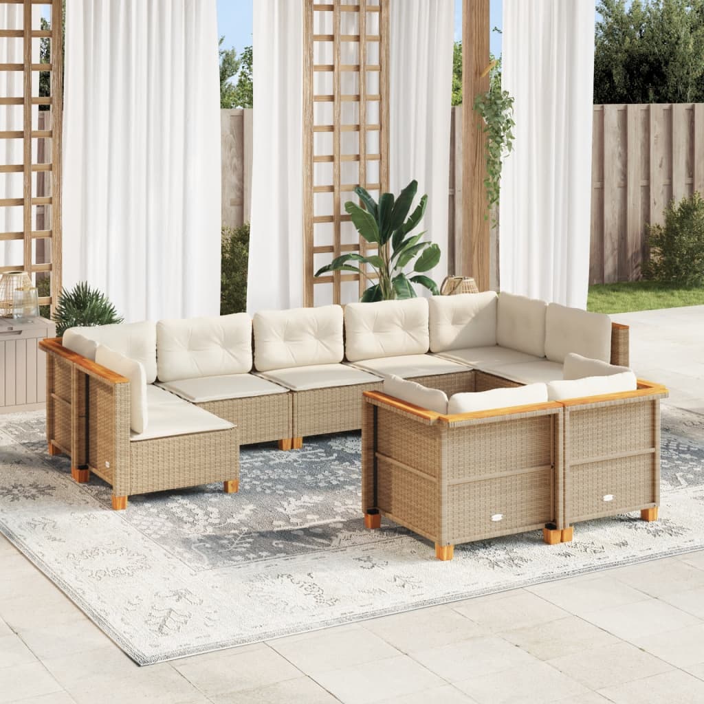 vidaXL 9-tlg. Garten-Sofagarnitur mit Kissen Beige Poly Rattan