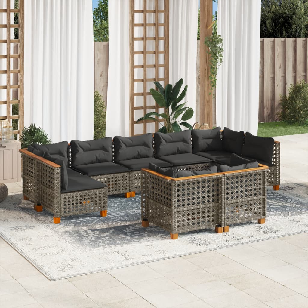 vidaXL 9-tlg. Garten-Sofagarnitur mit Kissen Grau Poly Rattan