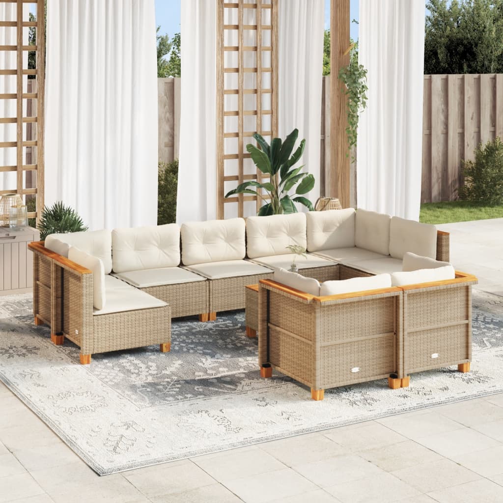 vidaXL 10-tlg. Garten-Sofagarnitur mit Kissen Beige Poly Rattan