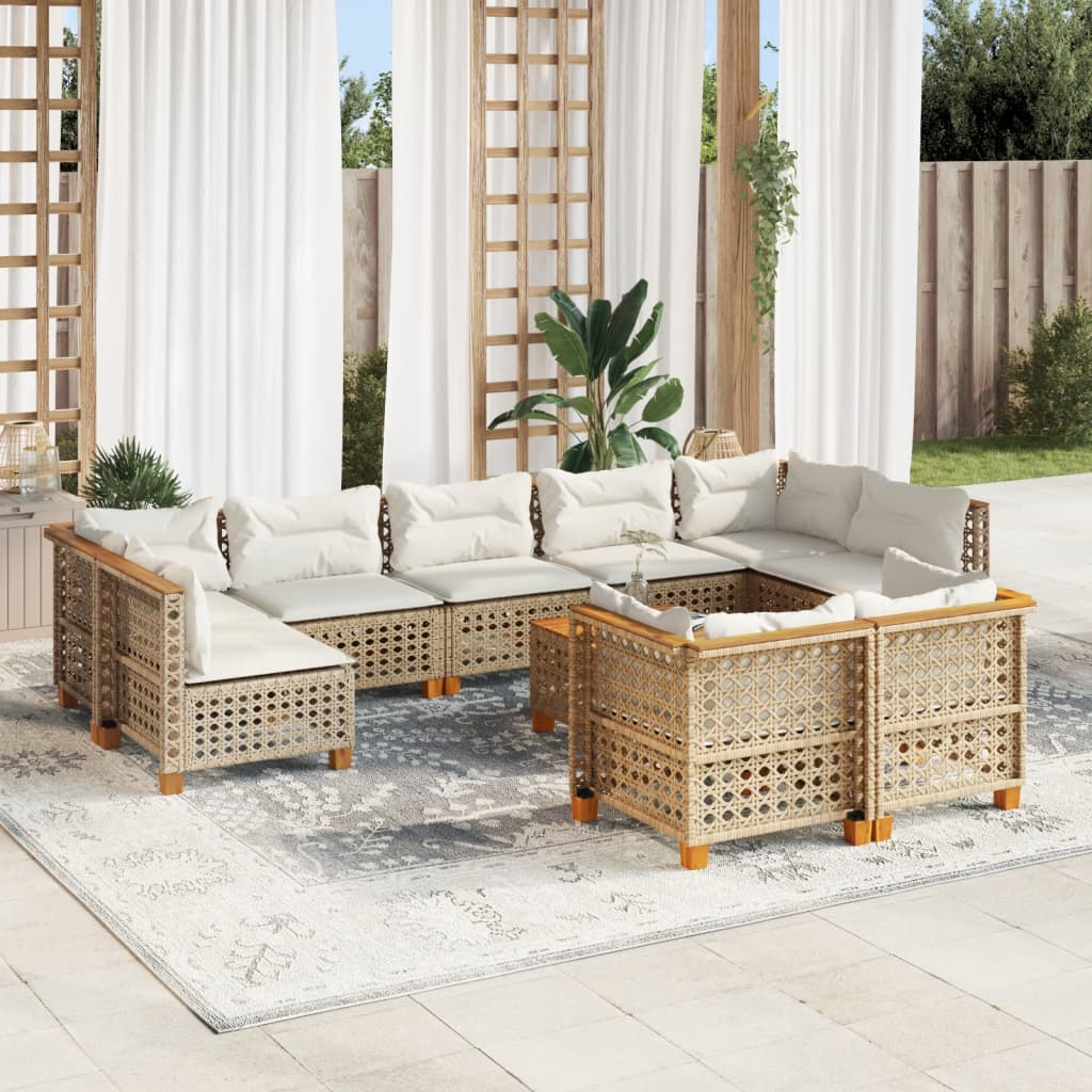 vidaXL 10-tlg. Garten-Sofagarnitur mit Kissen Beige Poly Rattan