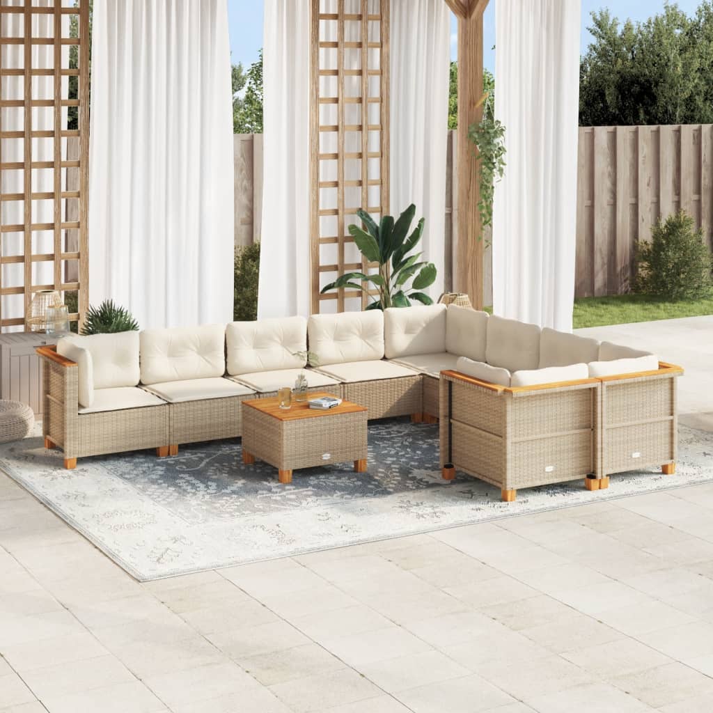 vidaXL 10-tlg. Garten-Sofagarnitur mit Kissen Beige Poly Rattan