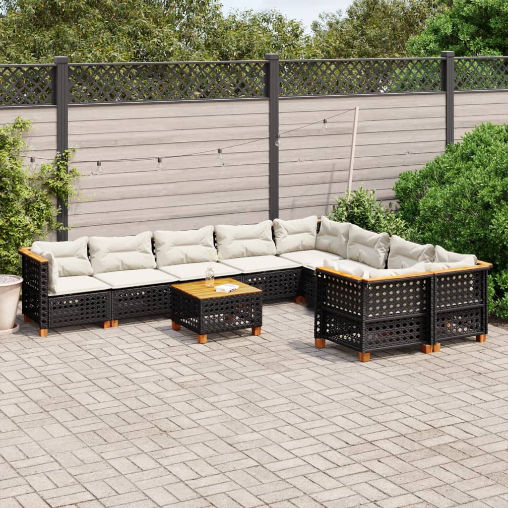 vidaXL 10-tlg. Garten-Sofagarnitur mit Kissen Schwarz Poly Rattan