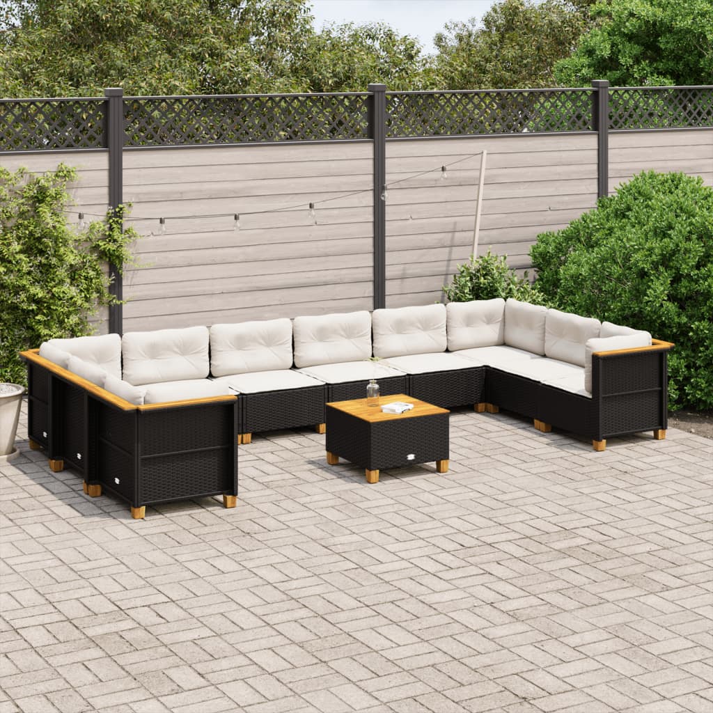 vidaXL 11-tlg. Garten-Sofagarnitur mit Kissen Schwarz Poly Rattan