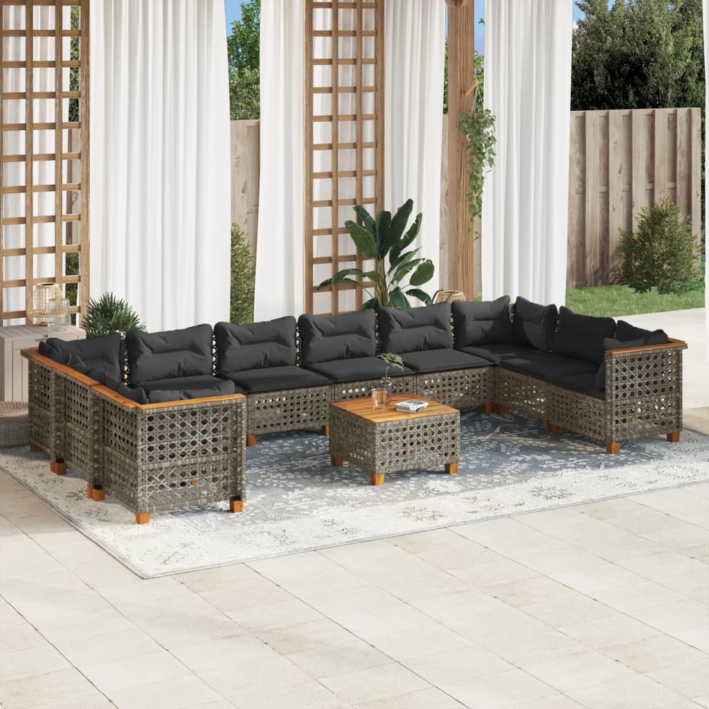 vidaXL 11-tlg. Garten-Sofagarnitur mit Kissen Grau Poly Rattan