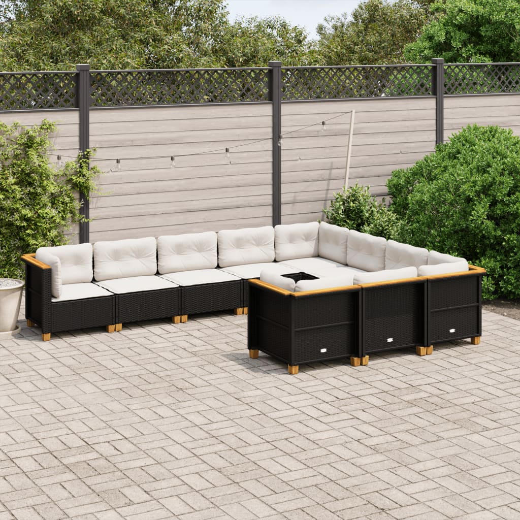 vidaXL 10-tlg. Garten-Sofagarnitur mit Kissen Schwarz Poly Rattan