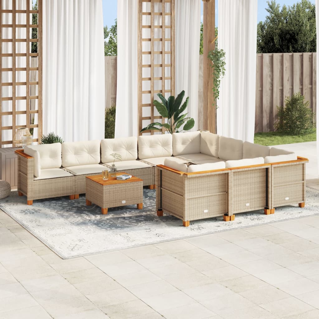 vidaXL 11-tlg. Garten-Sofagarnitur mit Kissen Beige Poly Rattan