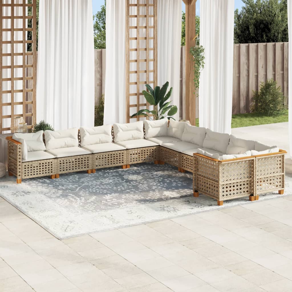 vidaXL 10-tlg. Garten-Sofagarnitur mit Kissen Beige Poly Rattan