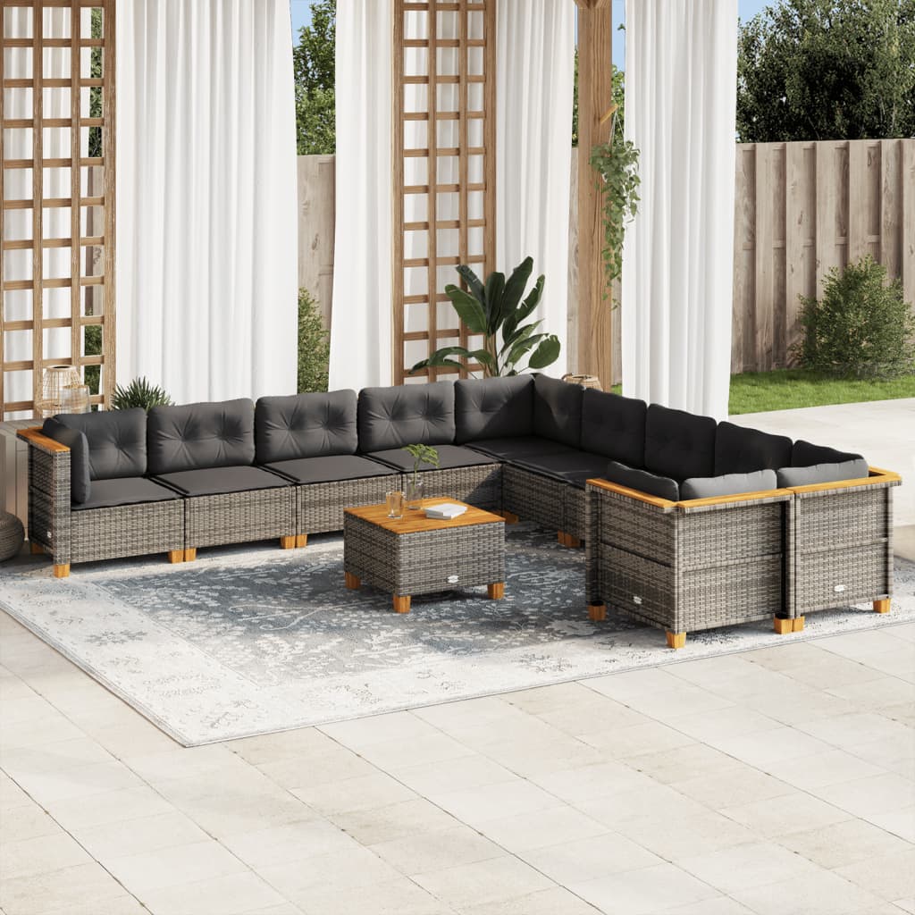 vidaXL 11-tlg. Garten-Sofagarnitur mit Kissen Grau Poly Rattan