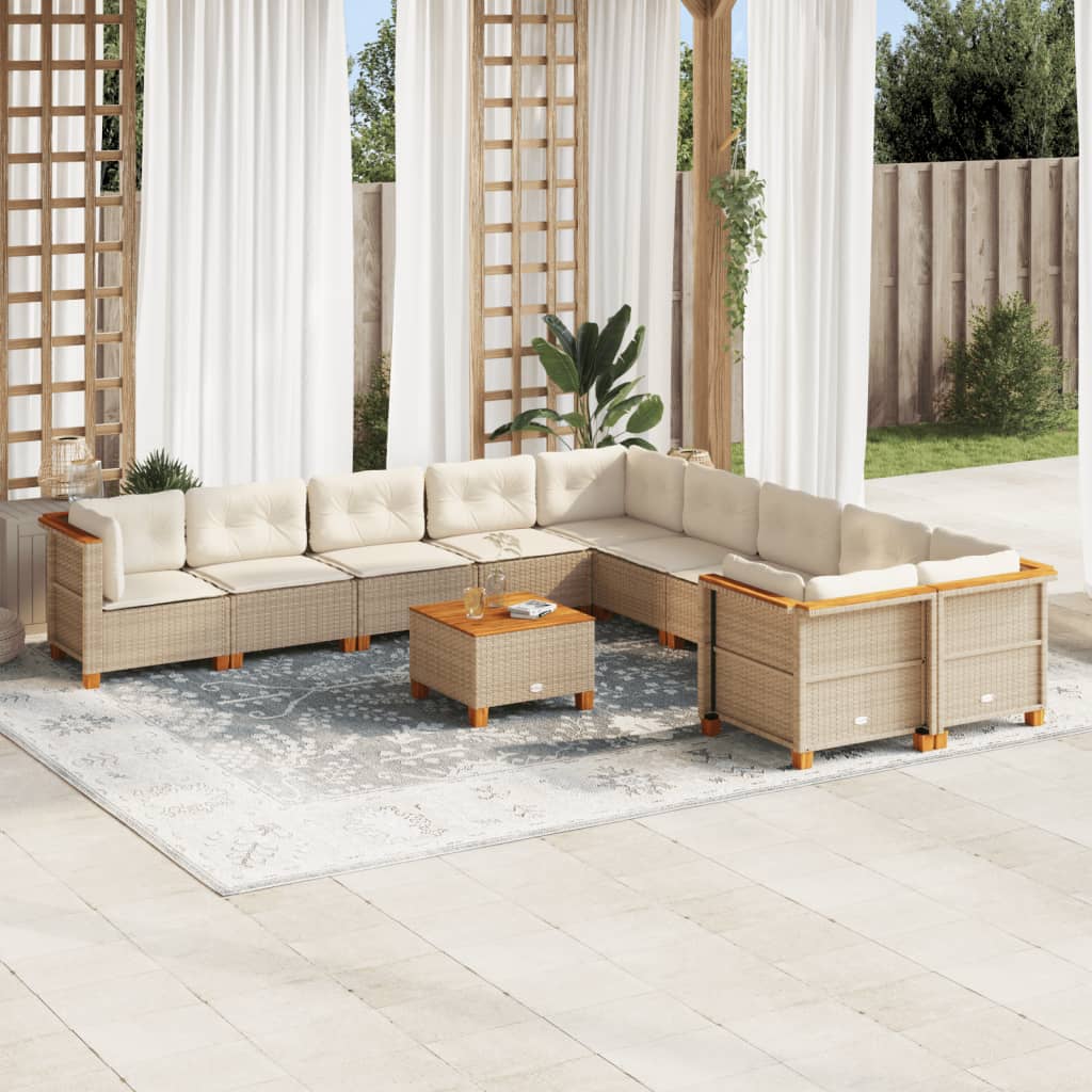 vidaXL 11-tlg. Garten-Sofagarnitur mit Kissen Beige Poly Rattan