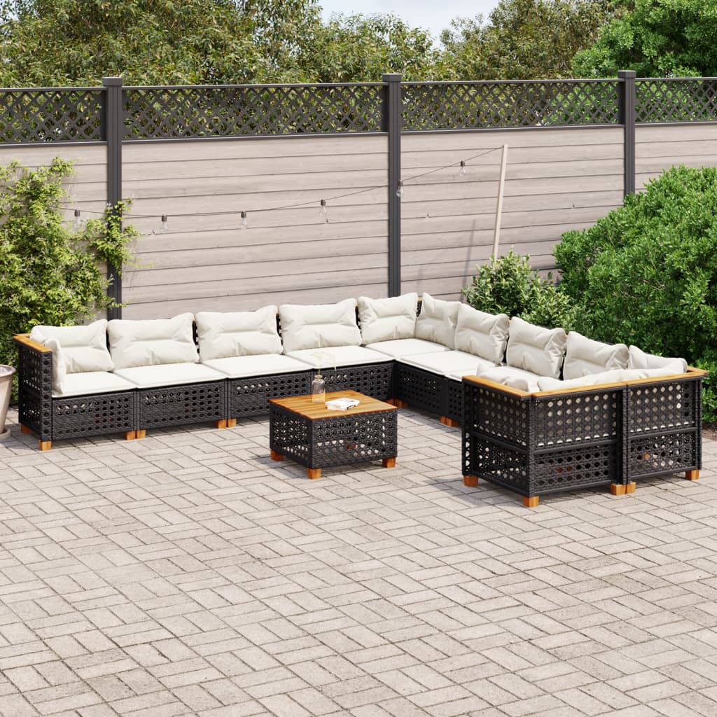 vidaXL 11-tlg. Garten-Sofagarnitur mit Kissen Schwarz Poly Rattan