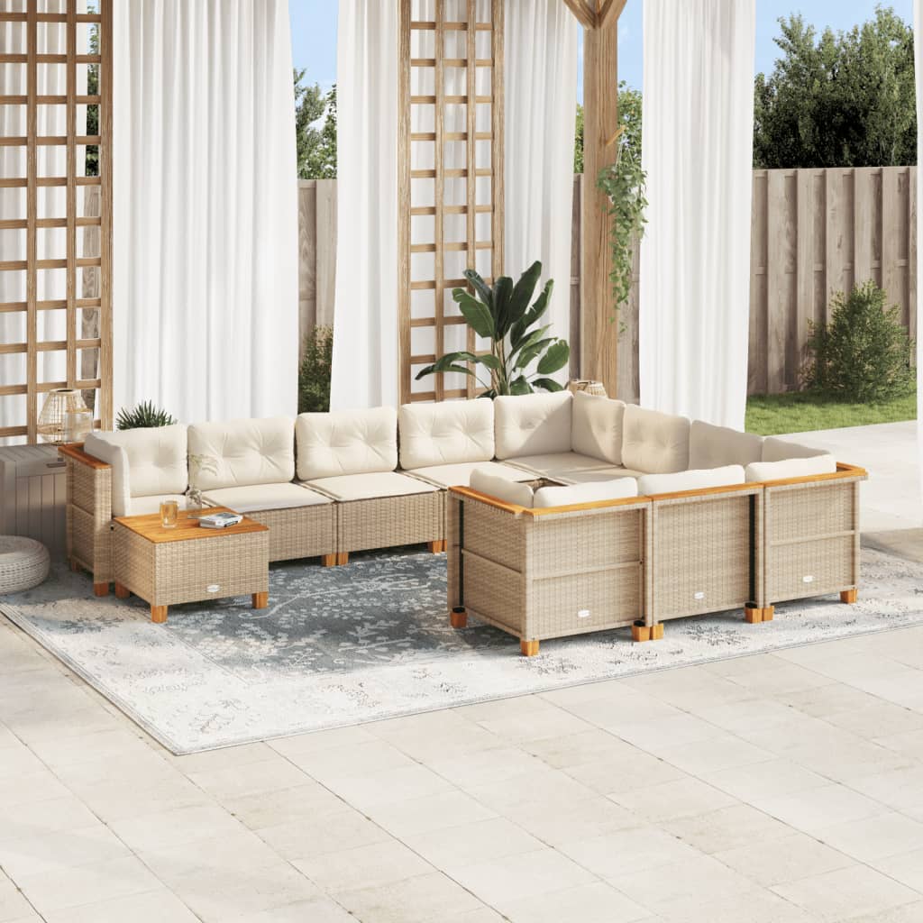 vidaXL 11-tlg. Garten-Sofagarnitur mit Kissen Beige Poly Rattan