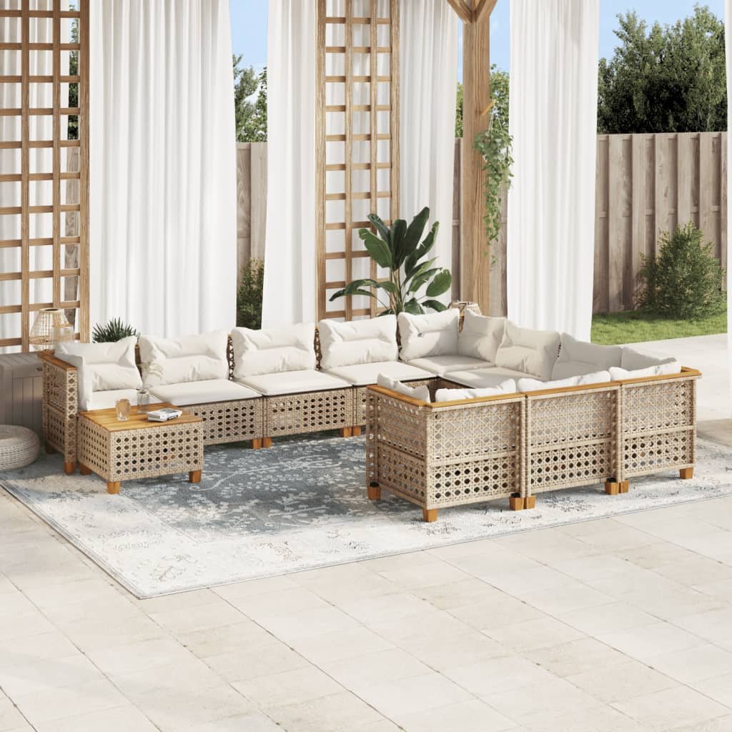 vidaXL 11-tlg. Garten-Sofagarnitur mit Kissen Beige Poly Rattan