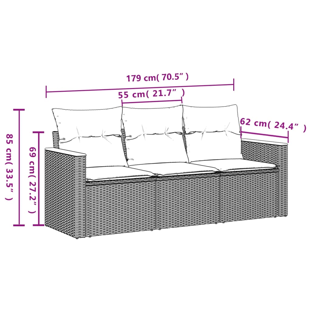 Set canapea de grădină cu perne, 3 piese, gri, poliratan - imagine 3