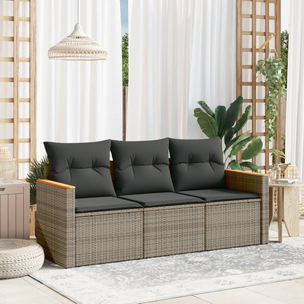 3-tlg. Garten-Sofagarnitur mit Kissen Grau Poly Rattan