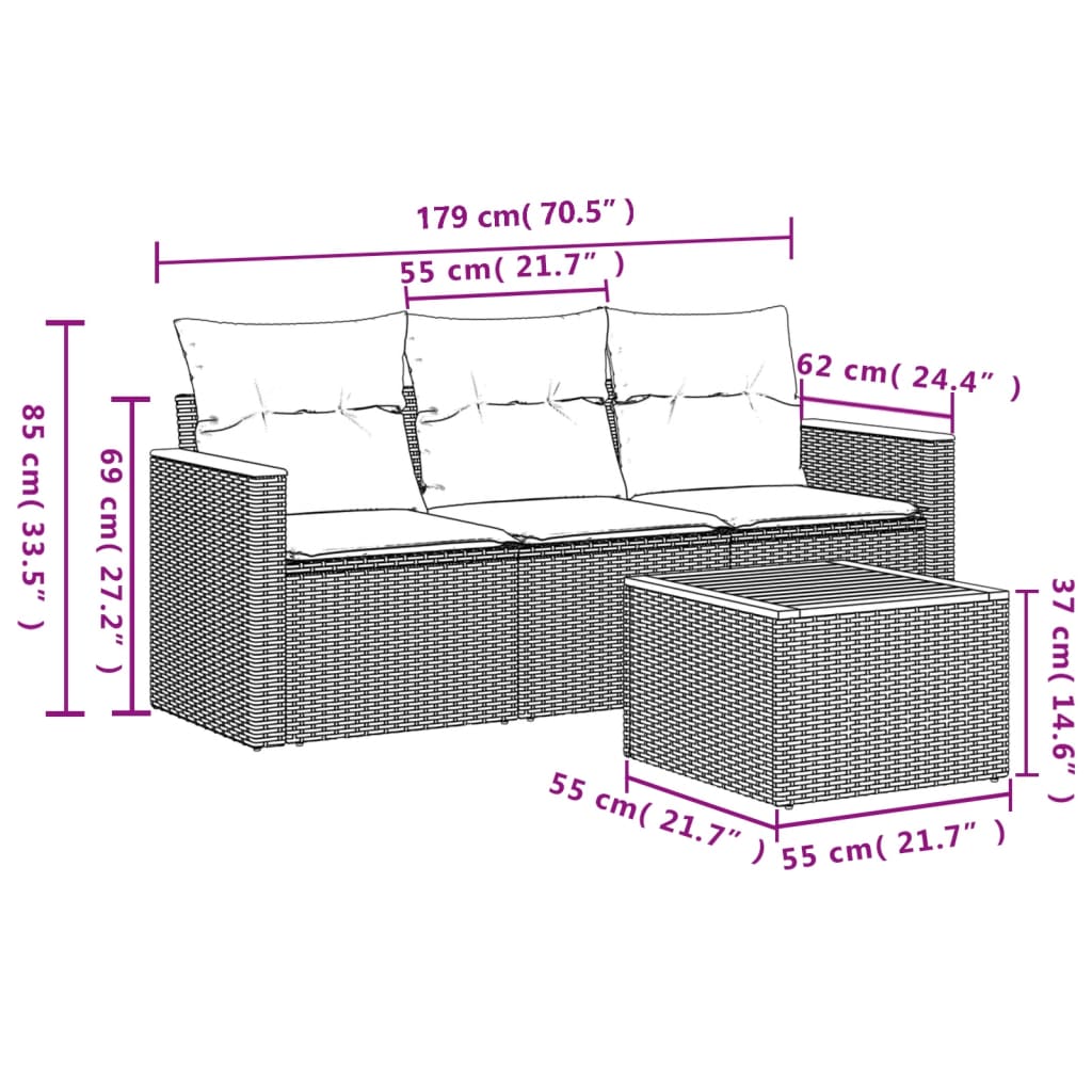 vidaXL 4-delige Loungeset met kussens poly rattan beige afbeelding