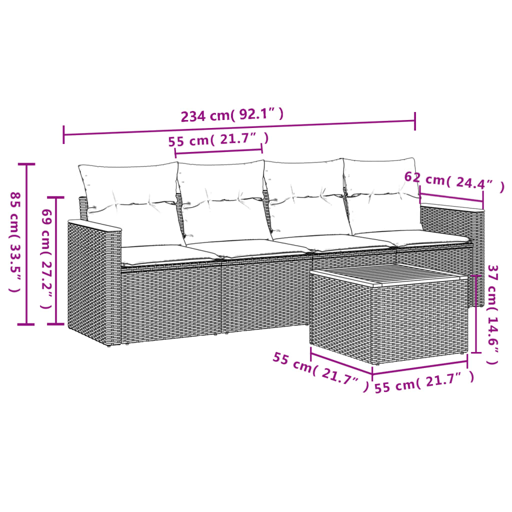 vidaXL 5-delige Loungeset met kussens poly rattan beige afbeelding