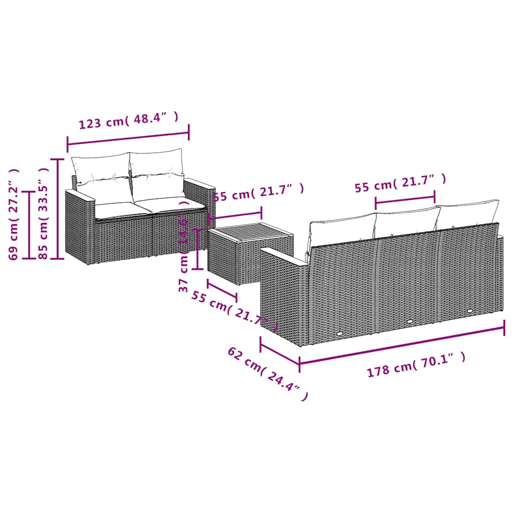 Set mobilier de grădină cu perne, 6 piese, negru, poliratan 3258185 - imagine 3