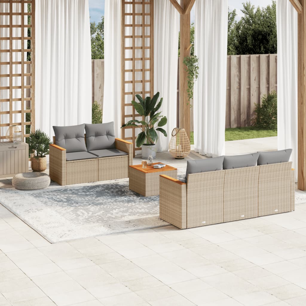 vidaXL 6-tlg. Garten-Sofagarnitur mit Kissen Beige Poly Rattan