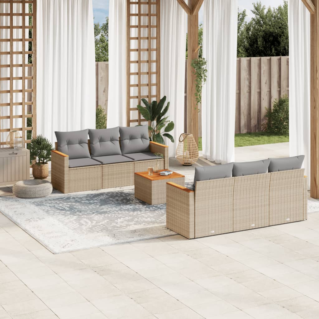 vidaXL 7-tlg. Garten-Sofagarnitur mit Kissen Beige Poly Rattan