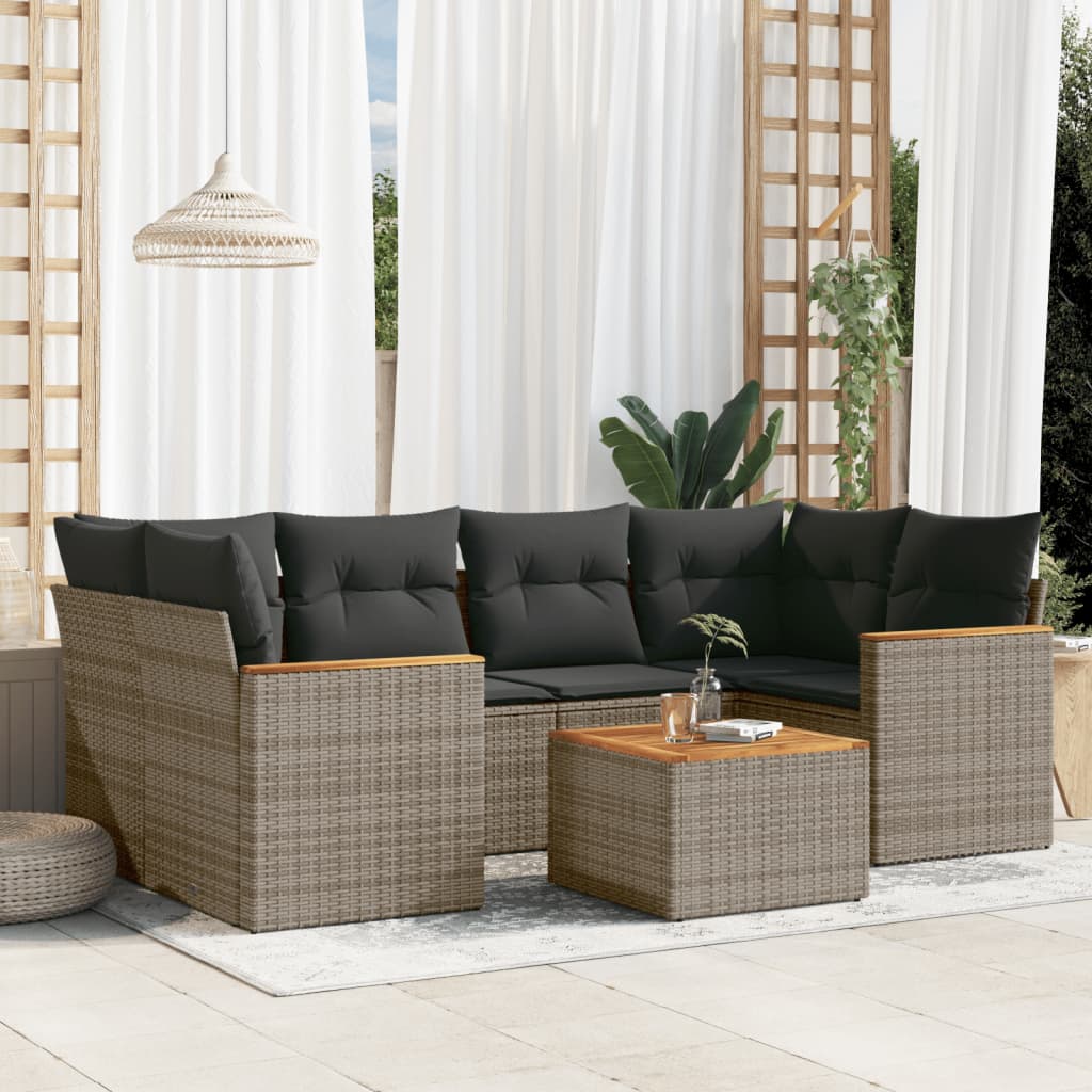 vidaXL 7-tlg. Garten-Sofagarnitur mit Kissen Grau Poly Rattan