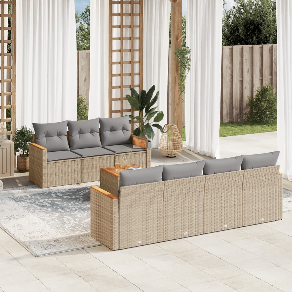 vidaXL 8-tlg. Garten-Sofagarnitur mit Kissen Beige Poly Rattan