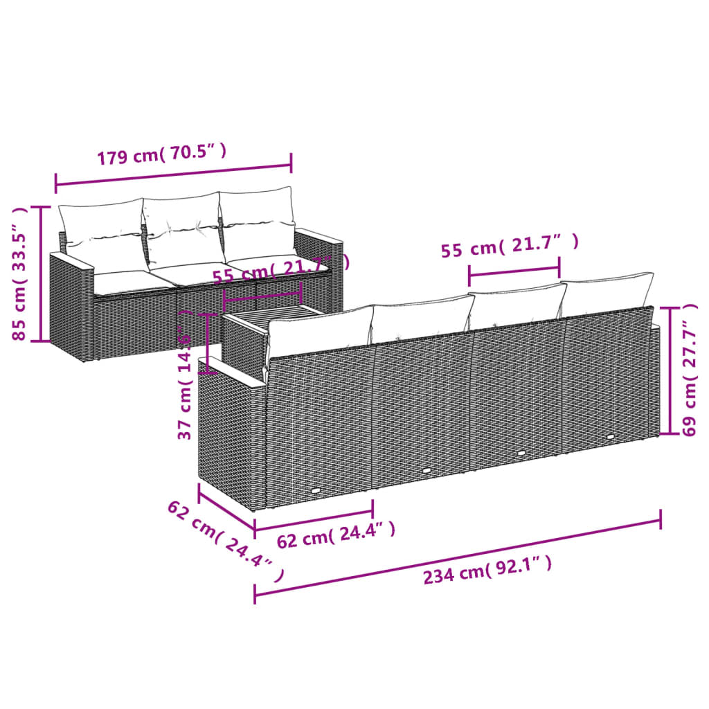Set canapele de grădină cu perne, 8 piese, gri, poliratan 3258210 - imagine 3