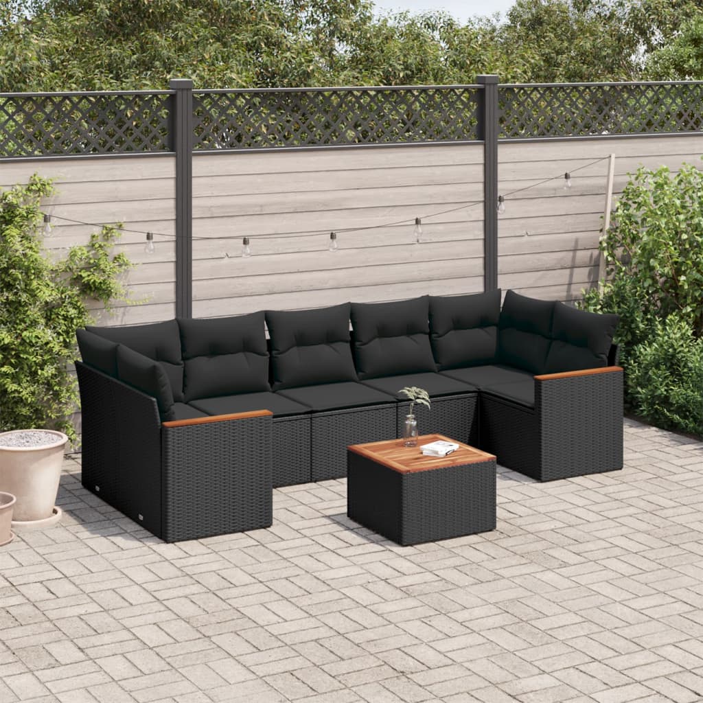 8-tlg. Garten-Sofagarnitur mit Kissen Schwarz Poly Rattan