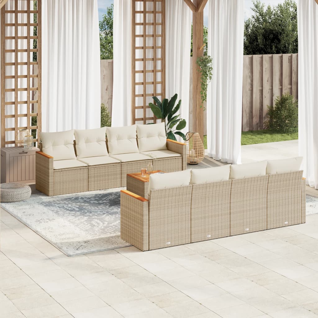 vidaXL 9-tlg. Garten-Sofagarnitur mit Kissen Beige Poly Rattan