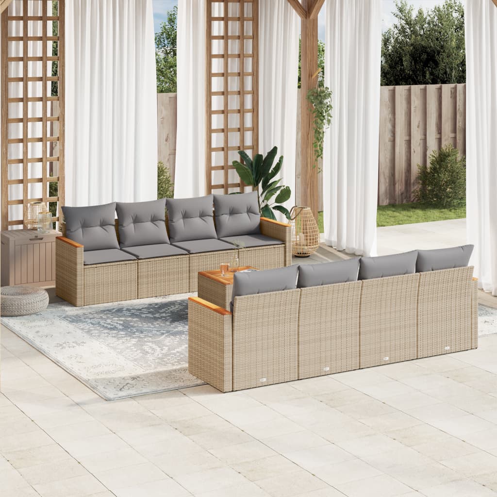 vidaXL 9-tlg. Garten-Sofagarnitur mit Kissen Beige Poly Rattan