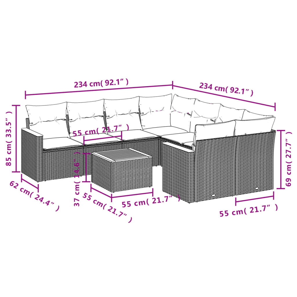 Set mobilier de grădină cu perne, 9 piese, negru, poliratan 3258226 - imagine 3