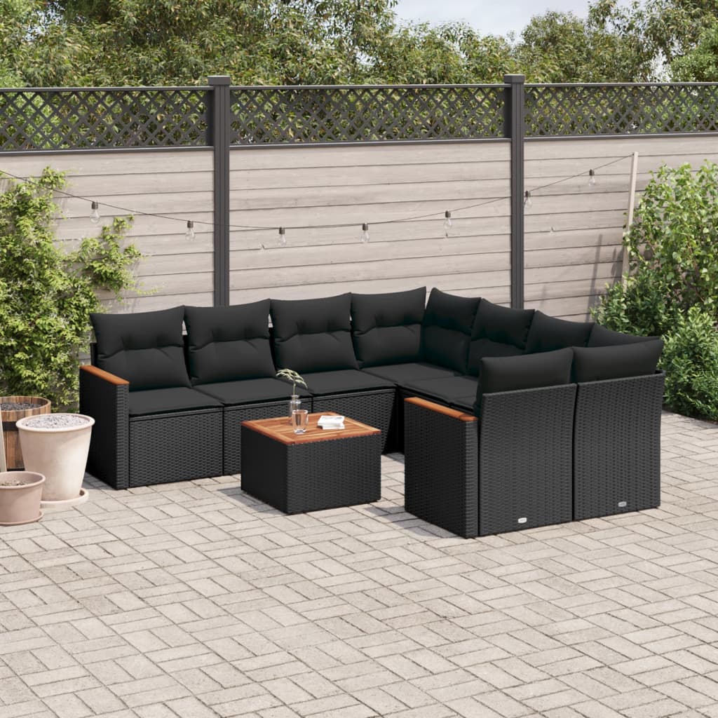 vidaXL Set mobilier de grădină cu perne, 9 piese, negru, poliratan