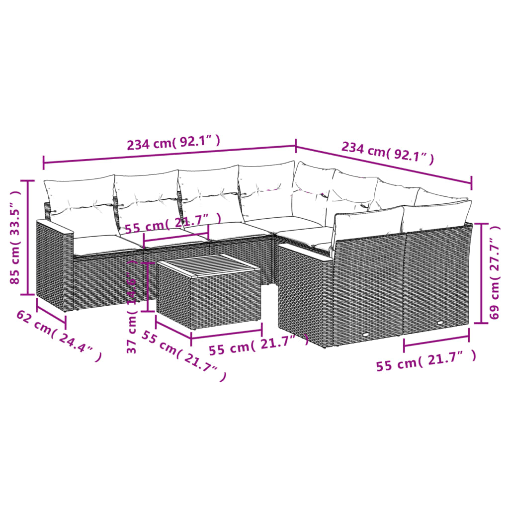 vidaXL 9-delige Loungeset met kussens poly rattan grijs afbeelding