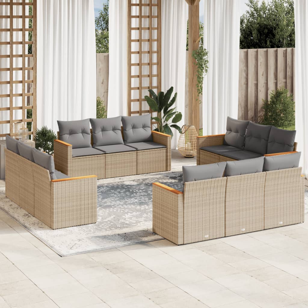 12-tlg. Garten-Sofagarnitur mit Kissen Beige Poly Rattan