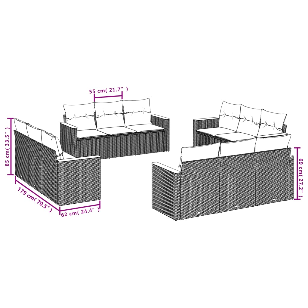 Set canapea de grădină cu perne, 12 piese, gri, poliratan 3258238 - imagine 3